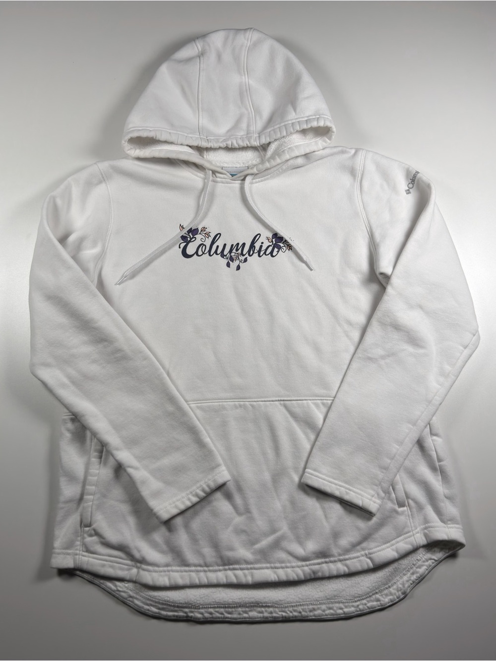 Columbia Women’s White Hooded Pullover with Floral Script Logo Size L